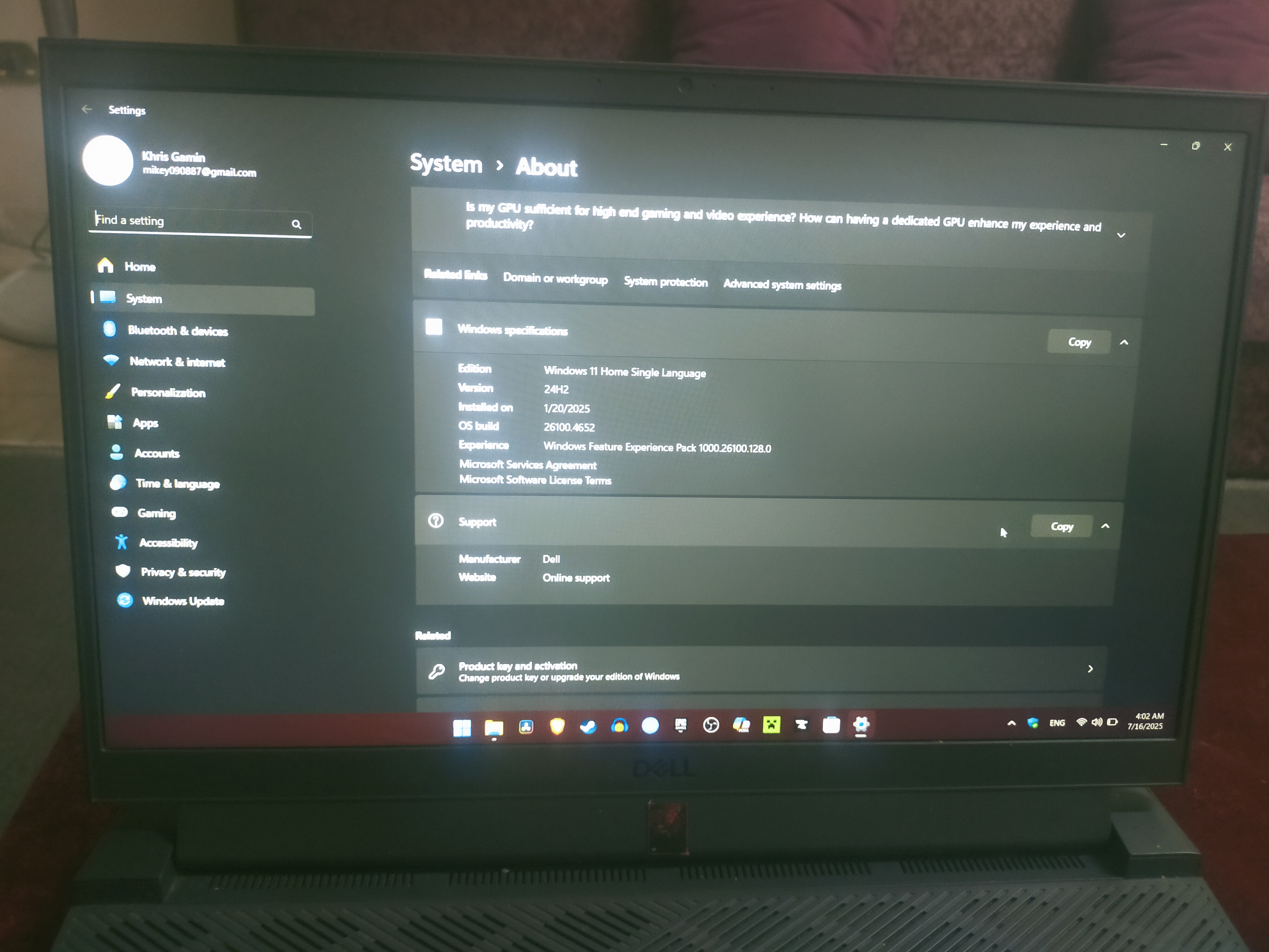 gaming dell 5510 , i5 , gen 10 , ram 16 , rtx 3050 for 29000