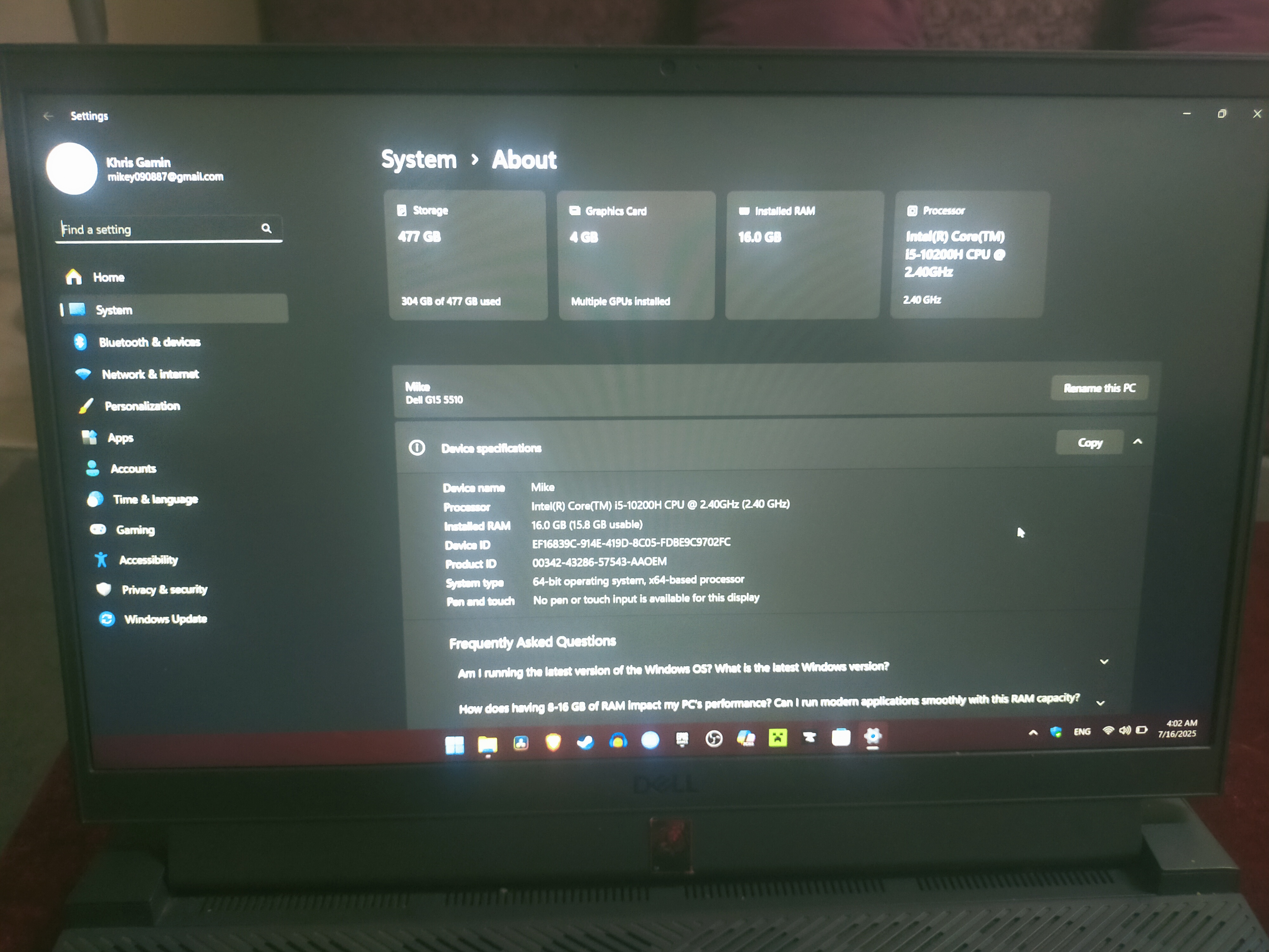 gaming dell 5510 , i5 , gen 10 , ram 16 , rtx 3050 for 29000