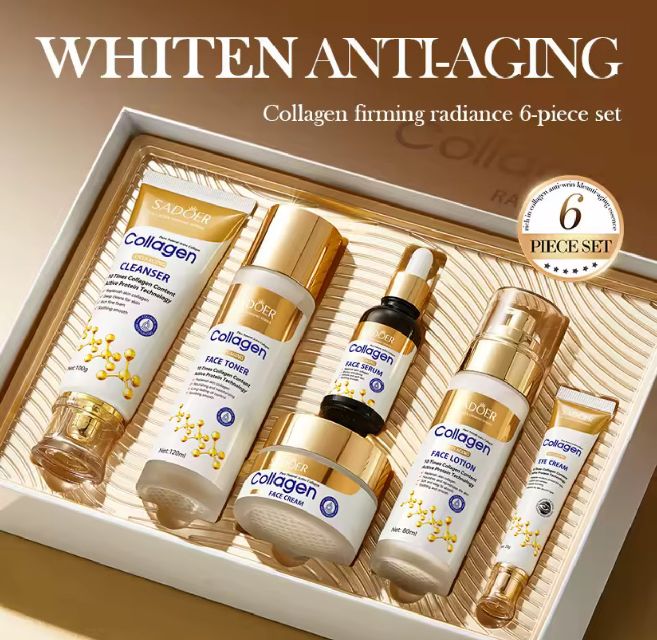 SADOER 6-Piece Bone Collagen Skin Care Kit: Whitening, Moisturizing, Brightening